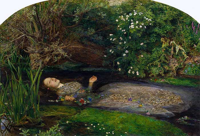 John Everett Millais'in Hamlet kitabından esinlendiği Ophelia tablosu
