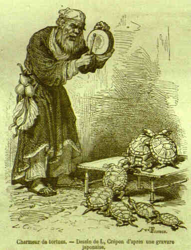 Osman Hamdi Bey Kaplumbağa Terbiyecisi'ni "Charmeur de Tortues" adlı japon gravüründen esinlenerek yapmıştır.